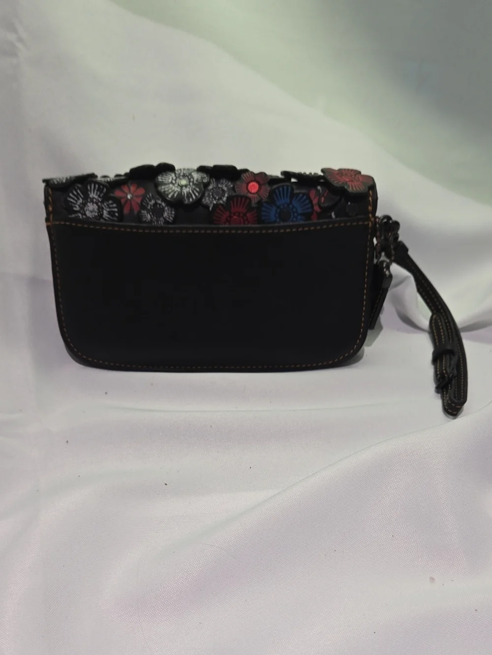 Floral Appliqué Black Leather Wristlet - Blue, Red & White Accents